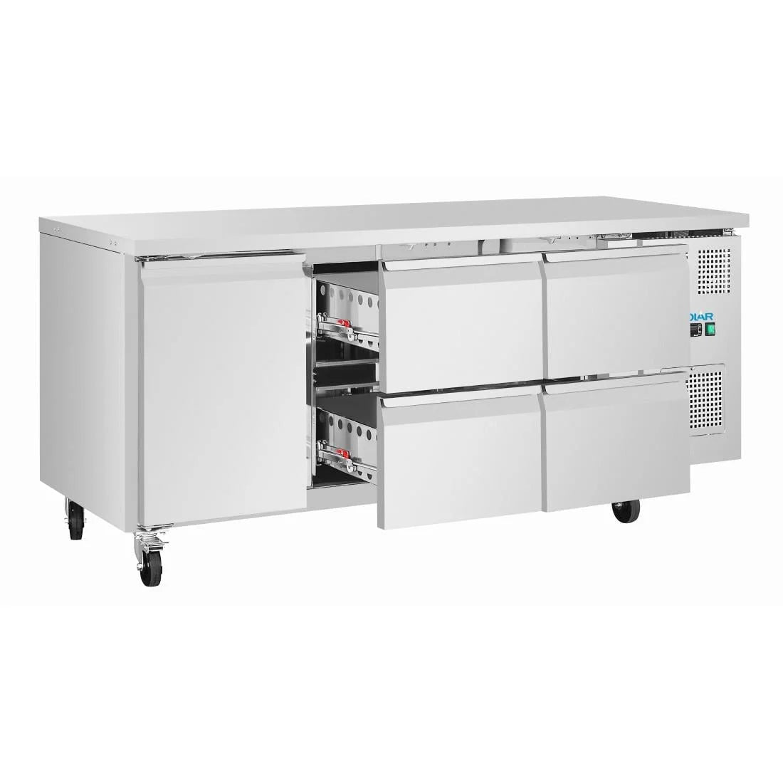 Polar U-Serie Kühltisch 4 Schubladen & 1 Tür 465 Liter auf Rollen