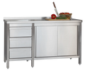 Edelstahl Arbeitsschrank Profi mit Schiebetüren- Aufkantung und 3 Schubladen 1600 x 600 x 850 mm