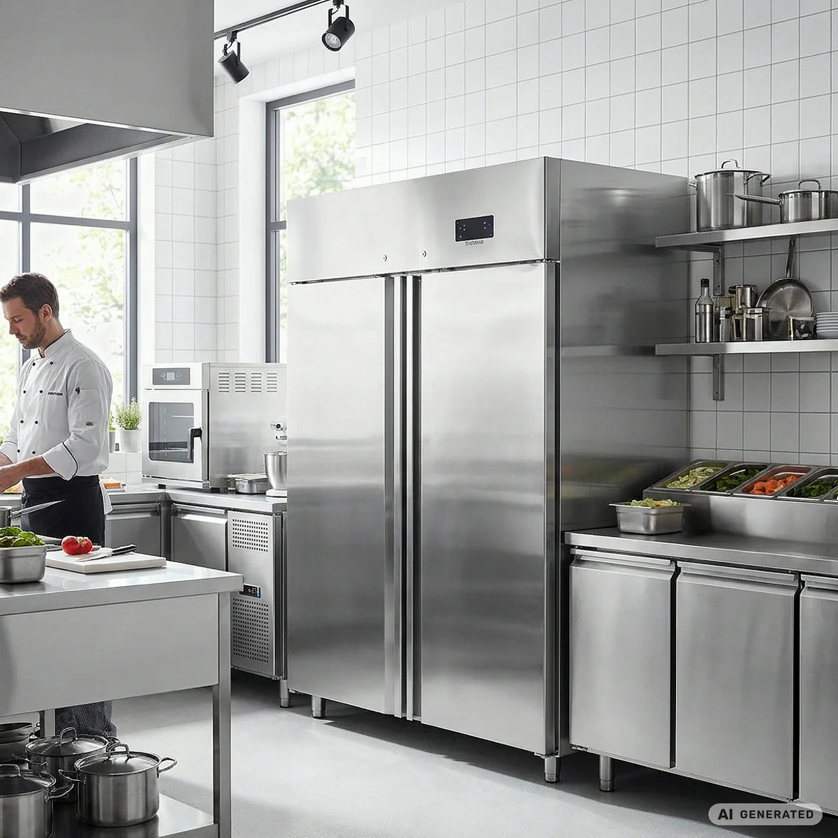 Gastronomie Tiefkühlschrank ECO 1400 GN 2/1 Monoblock, 1350 Liter Kühlraumvolumen, 6 verstellbare Einlegeböden, Robuste Bauweise, Edelstahl