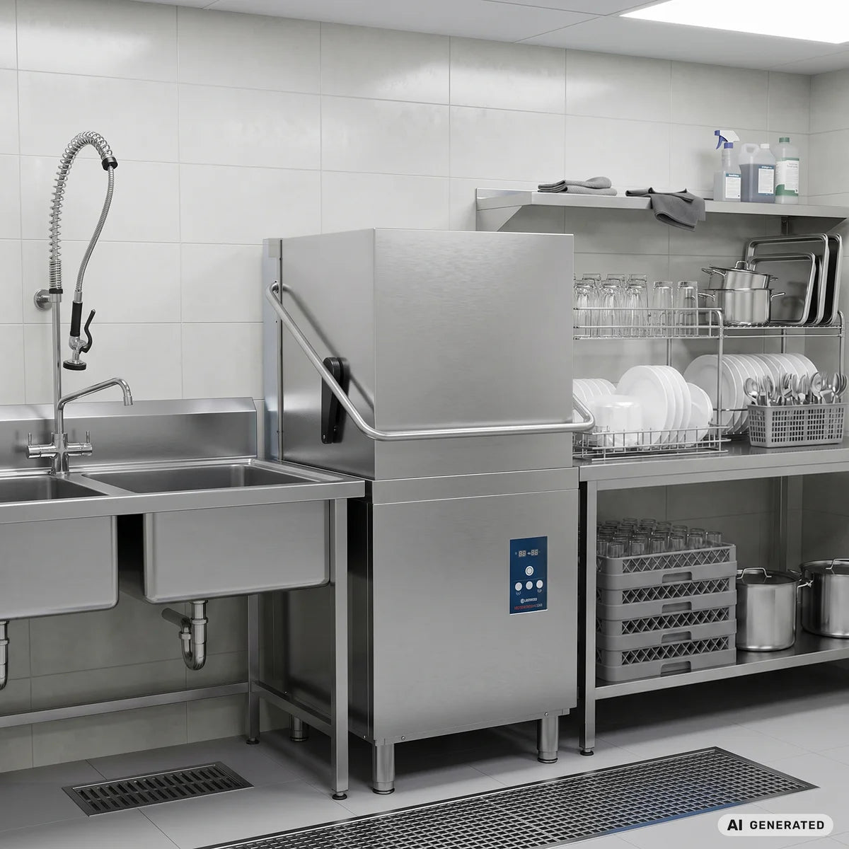 Haubenspülmaschine ECO 54 SLE 50x50 cm Korbmaß, mit Reiniger- & Klarspüldosierer, mit Ablaufpumpe & Enthärter, Made in Europe, 400 Volt