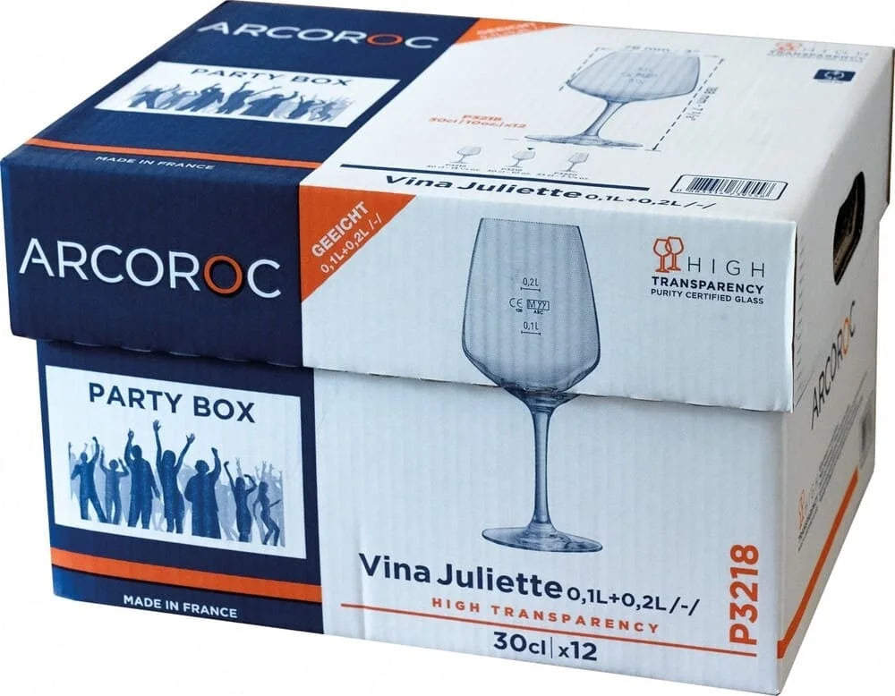 Arcoroc V. Juliette Weinkelch 30 cl mit Füllstrich bei 0,1 und 0,2 l, 12er Party Box