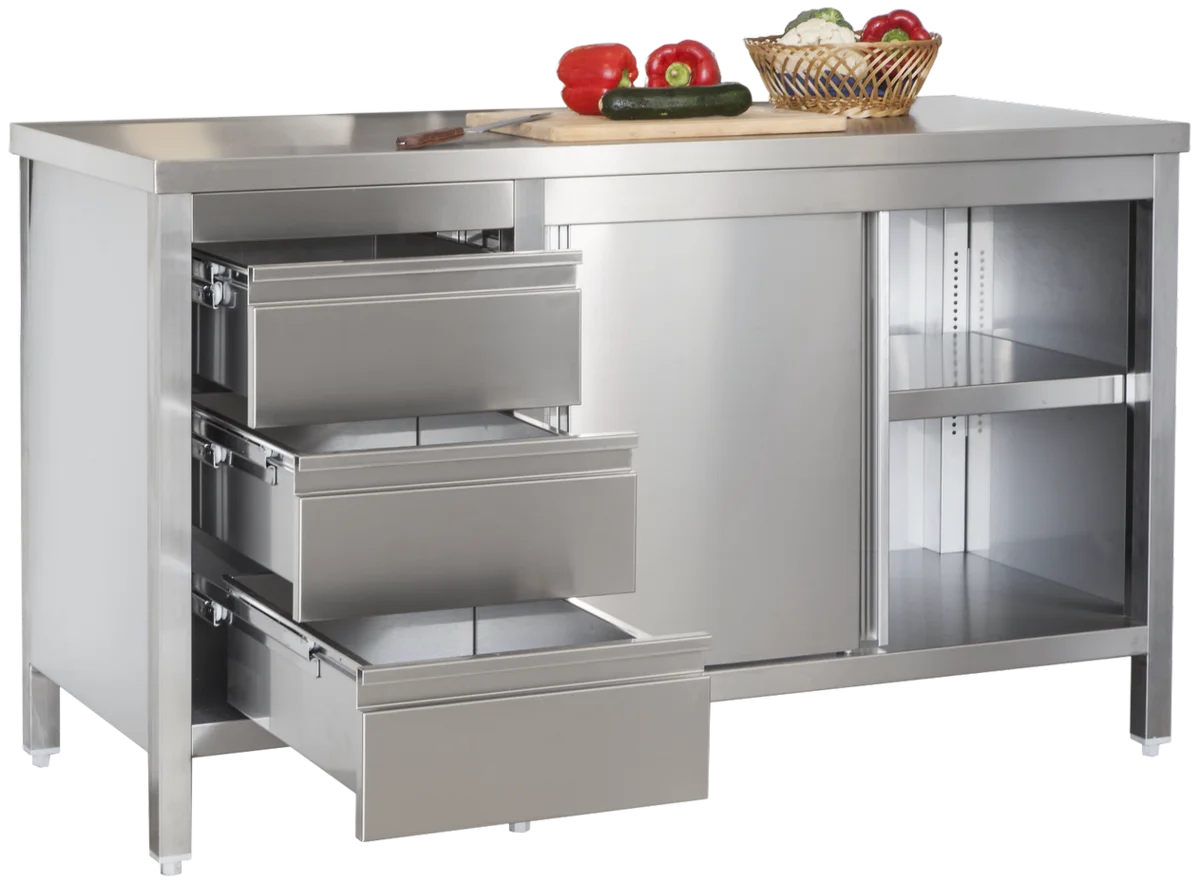Edelstahl Arbeitsschrank Profi mit Schiebetüren und 3 Schubladen 1600x600x850 mm