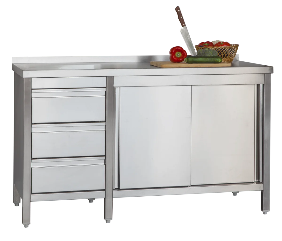 Edelstahl Arbeitsschrank Profi mit Schiebetüren- Aufkantung und 3 Schubladen 1400 x 600 x 850 mm