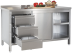 Edelstahl Arbeitsschrank Profi mit Schiebetüren - Aufkantung und 3 Schubladen 1800 x 700 x 850 mm