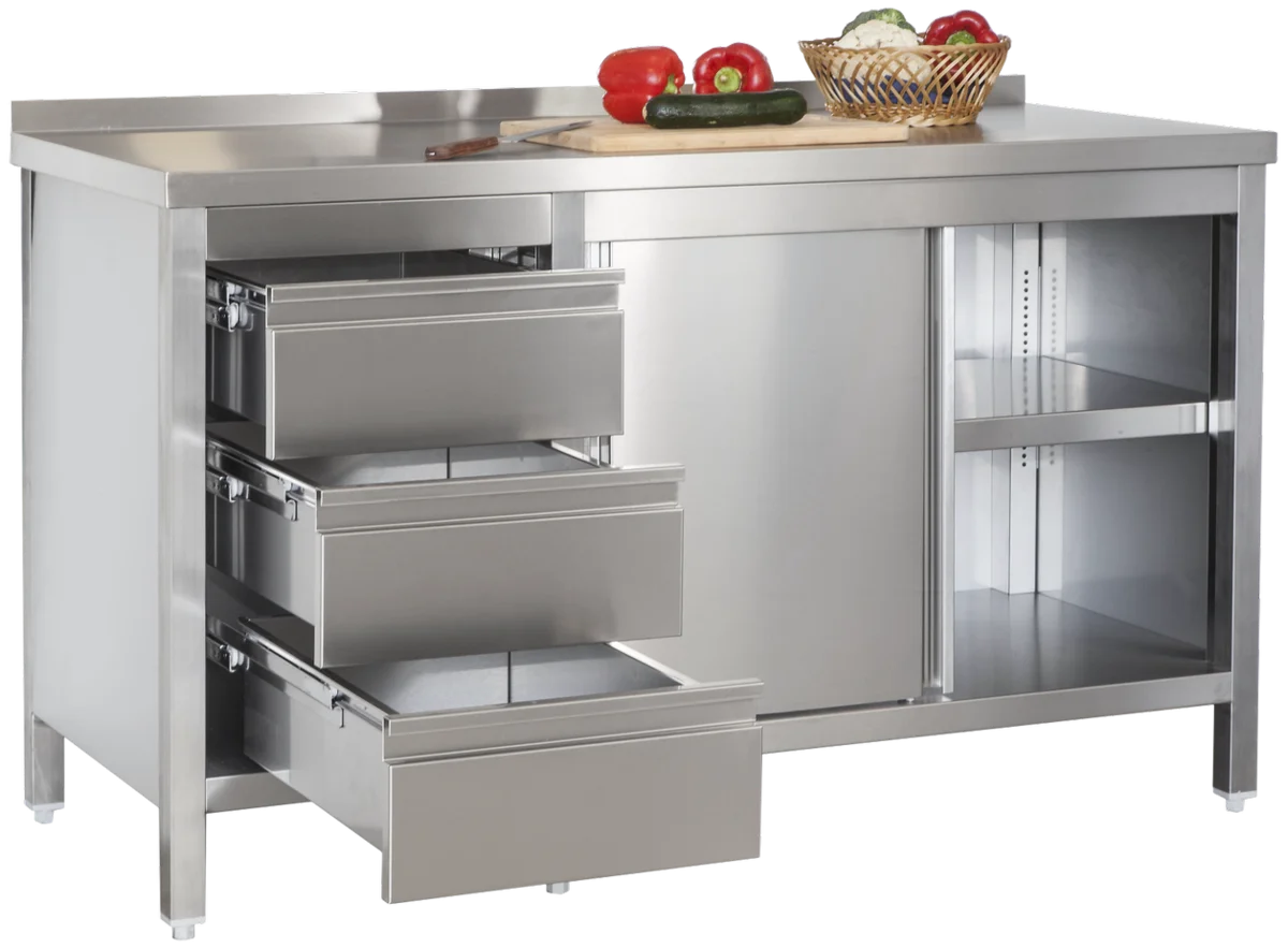 Edelstahl Arbeitsschrank Profi mit Schiebetüren - Aufkantung und 3 Schubladen 2000 x 700 x 850 mm