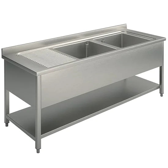 Mastro Spültisch, 2 Becken, Tropftasse links, auf Beinen, mit Grundboden, 1600x700 mm