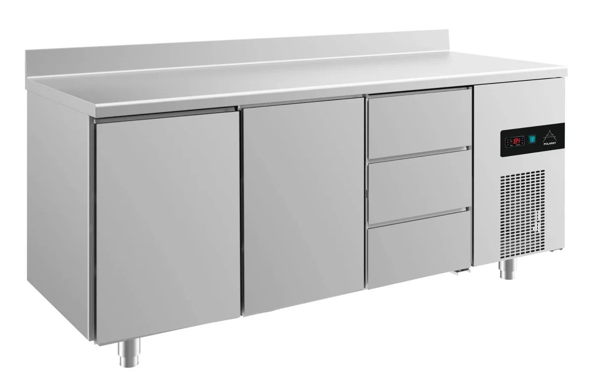 A&S Kühltisch -2 bis +8°C 1865x700x850mm mit 2x Türen und 1x drei Schubladen u. Aufkantung (3TTDA)