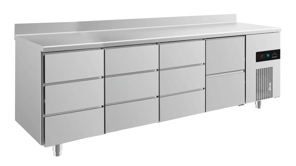 A&S Kühltisch -2 bis +8°C 2330x700x850mm mit 1x zwei Schubladen und 3x drei Schubladen u. Aufkantung (4DDDZA)