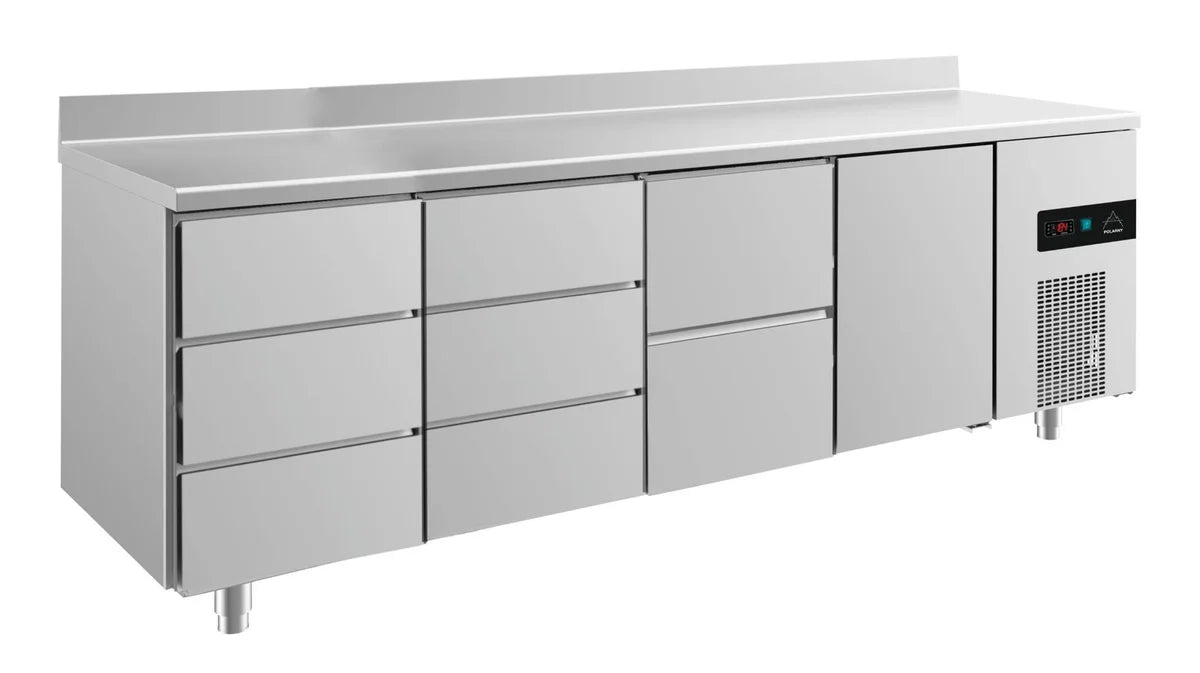 A&S Kühltisch -2 bis +8°C 2330x700x850mm mit 1x Tür, 1x zwei Schubladen und 2x 3 Schubladen u. Aufkantung (4DDZTA)