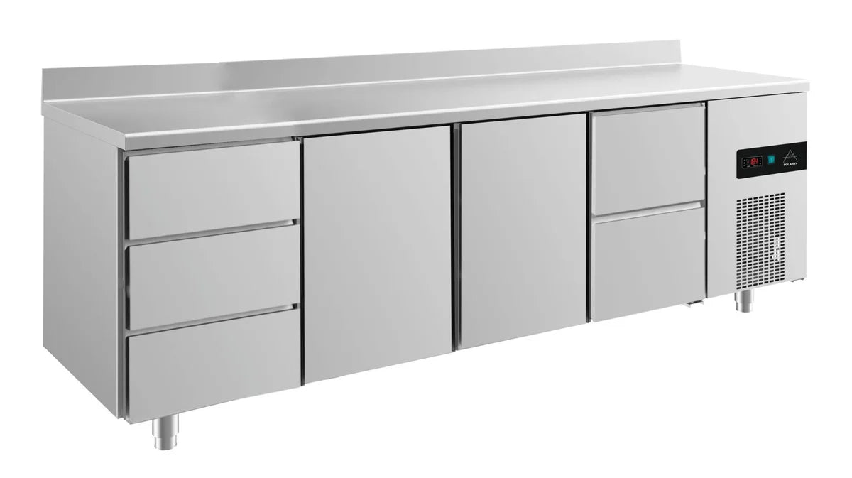 A&S Kühltisch -2 bis +8°C 2330x700x850mm mit 2x Türen, 1x zwei Schubladen und 1x 3 Schubladen u. Aufkantung (4DTTZA)