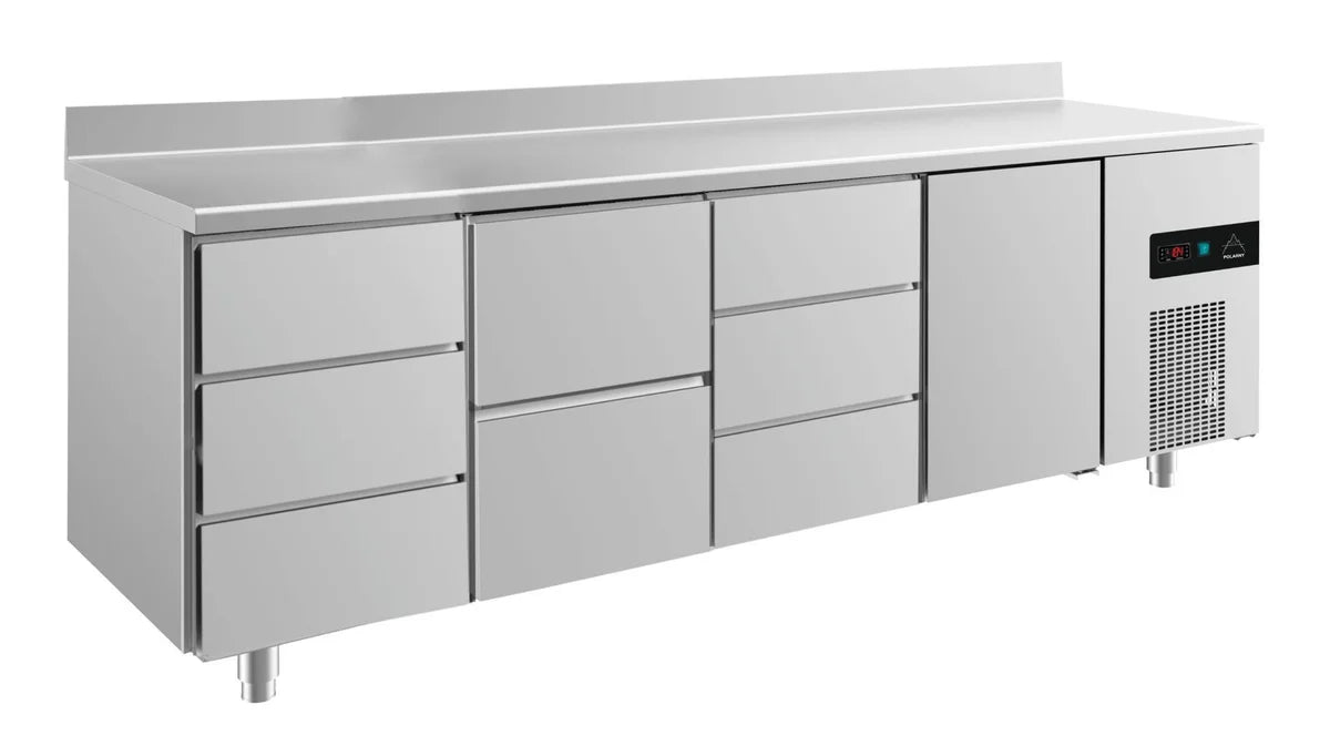 A&S Kühltisch -2 bis +8°C 2330x700x850mm mit 1x Tür, 1x zwei Schubladen und 2x 3 Schubladen u. Aufkantung (4DZDTA)