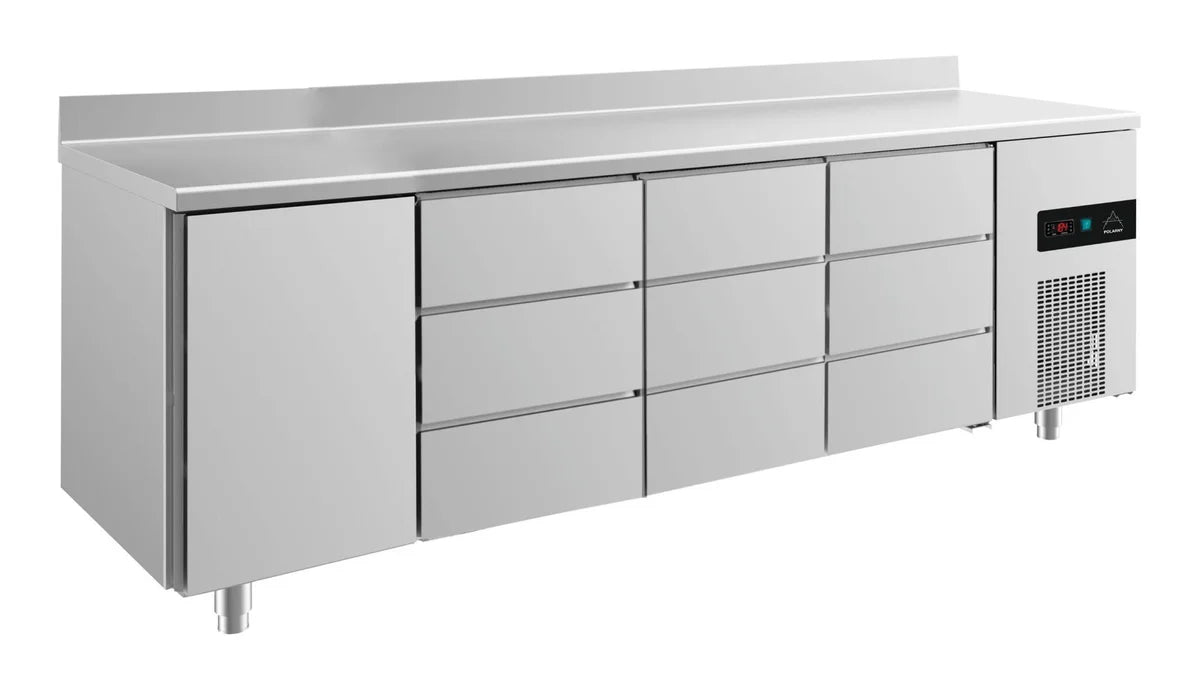 A&S Kühltisch -2 bis +8°C 2330x700x850mm mit 1x Tür, 3x 3 Schubladen u. Aufkantung