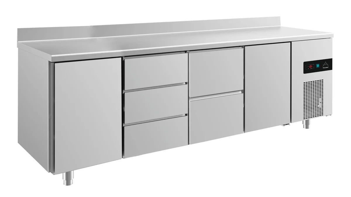 A&S Kühltisch -2 bis +8°C 2330x700x850mm mit 2x Türen, 1x zwei Schubladen und 1x 3 Schubladen u. Aufkantung (4TDZTA)