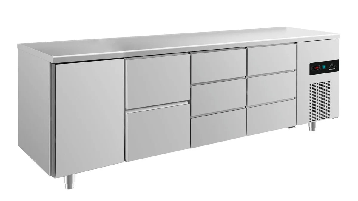 A&S Kühltisch -2 bis +8°C 2330x700x850mm mit 1x Tür, 1x zwei Schubladen und 2x 3 Schubladen (4TZDD)