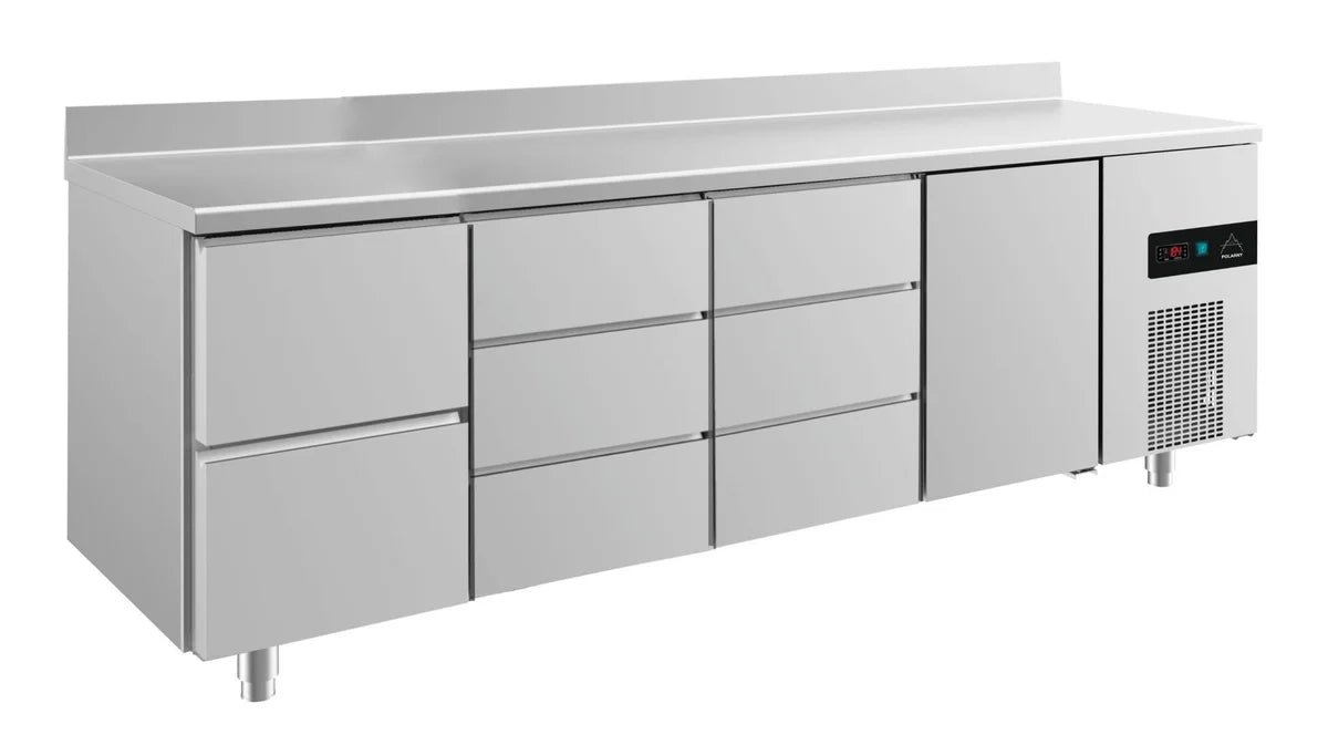 A&S Kühltisch -2 bis +8°C 2330x700x850mm mit 1x Tür, 1x zwei Schubladen und 2x 3 Schubladen u. Aufkantung (4ZDDTA)