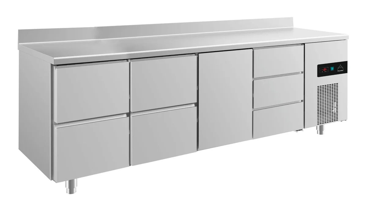 A&S Kühltisch -2 bis +8°C 2330x700x850mm mit 1x Tür, 2x zwei Schubladen und 1x 3 Schubladen u. Aufkantung (4ZZTDA)