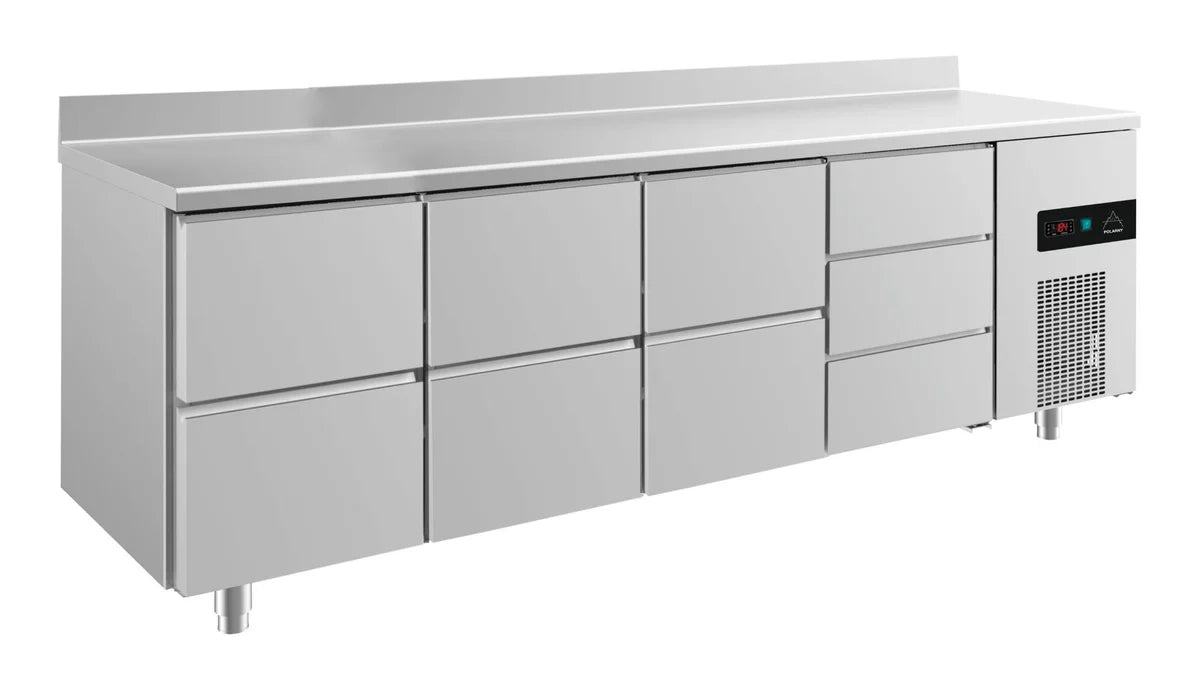 A&S Kühltisch -2 bis +8°C 2330x700x850mm mit 3x zwei Schubladen und 1x drei Schubladen u. Aufkantung (4ZZZDA)