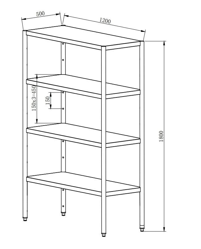 Edelstahl Regal Basic 1200x500x1800 mm, Selbstmontage