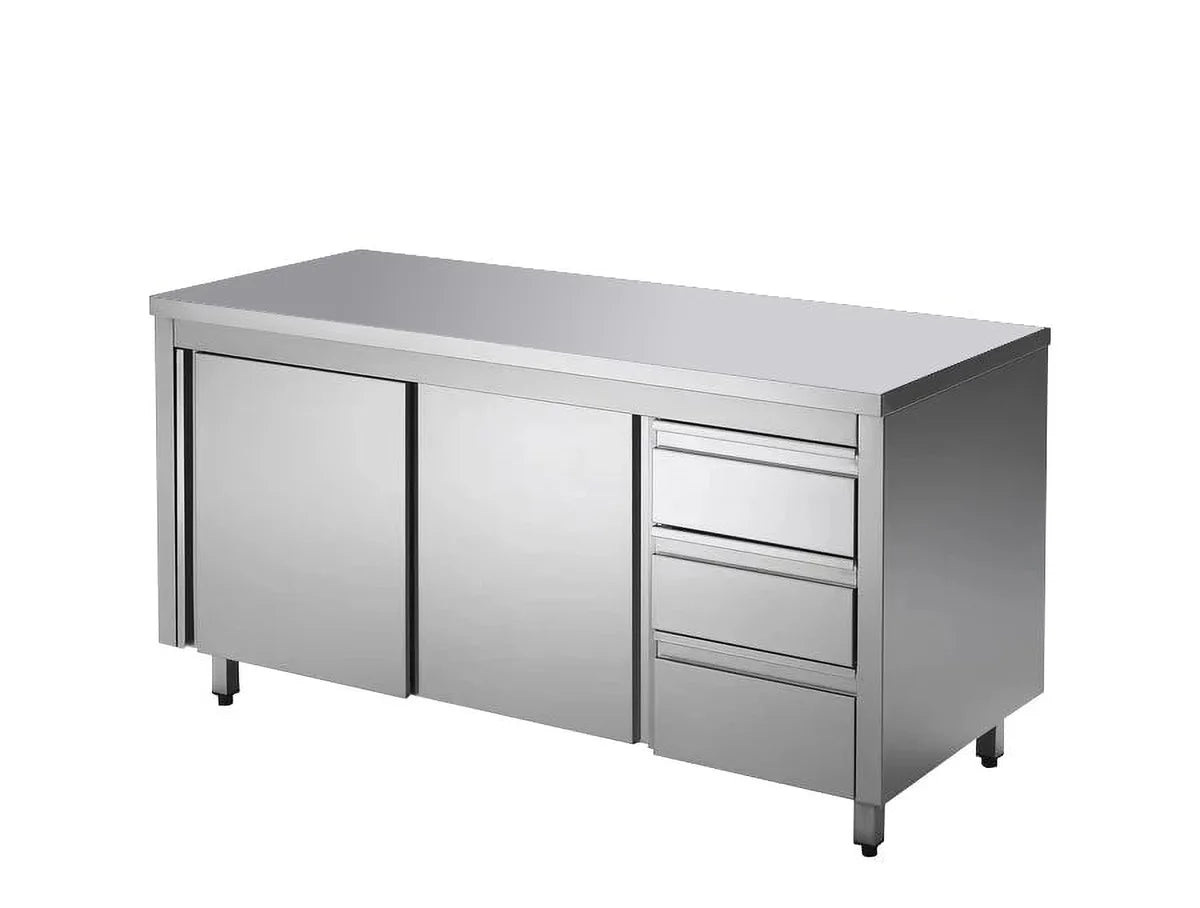 Edelstahl-Arbeitsschrank ECO mit Flügeltür und 3 Schubladen 14x6 mit Aufkantung