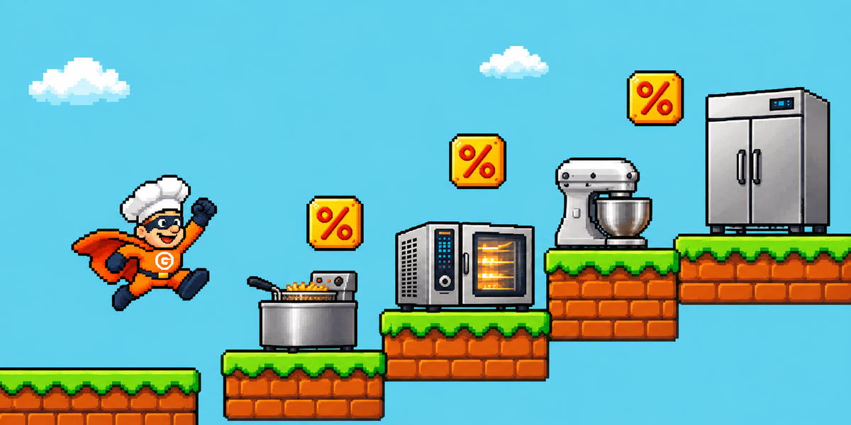 
GastroHero-Held springt im Retro-Game-Look über Plattformen mit Fritteuse, Kombidämpfer, Küchenmaschine und Kühlschrank