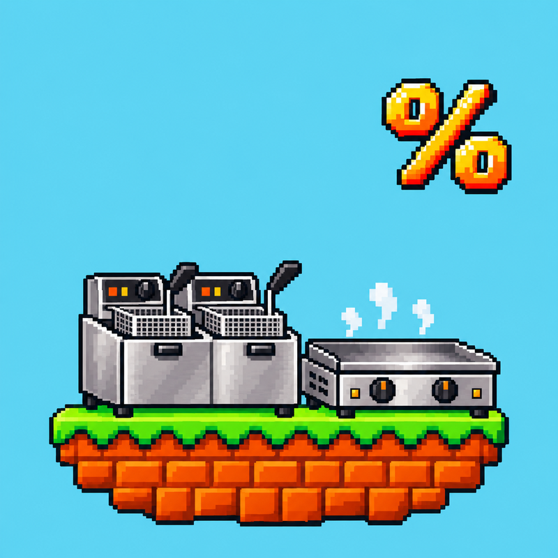 
Level 1: Doppel-Fritteuse und Grillplatte auf einer Pixel-Plattform