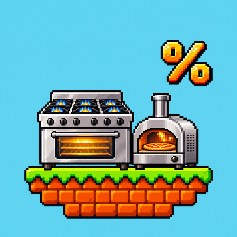 
Level 2: Gasherd mit Ofen und Pizzaofen auf einer Pixel-Plattform