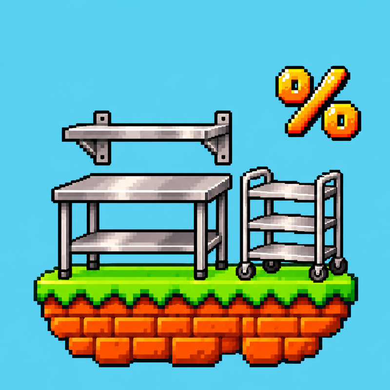 
Level 4: Edelstahl-Arbeitstisch, Wandbord und Servierwagen auf einer Pixel-Plattform