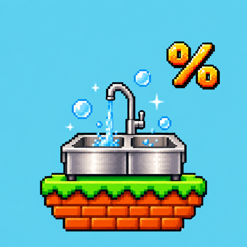 
Level 5: Edelstahl-Doppelspüle mit Wasserhahn auf einer Pixel-Plattform