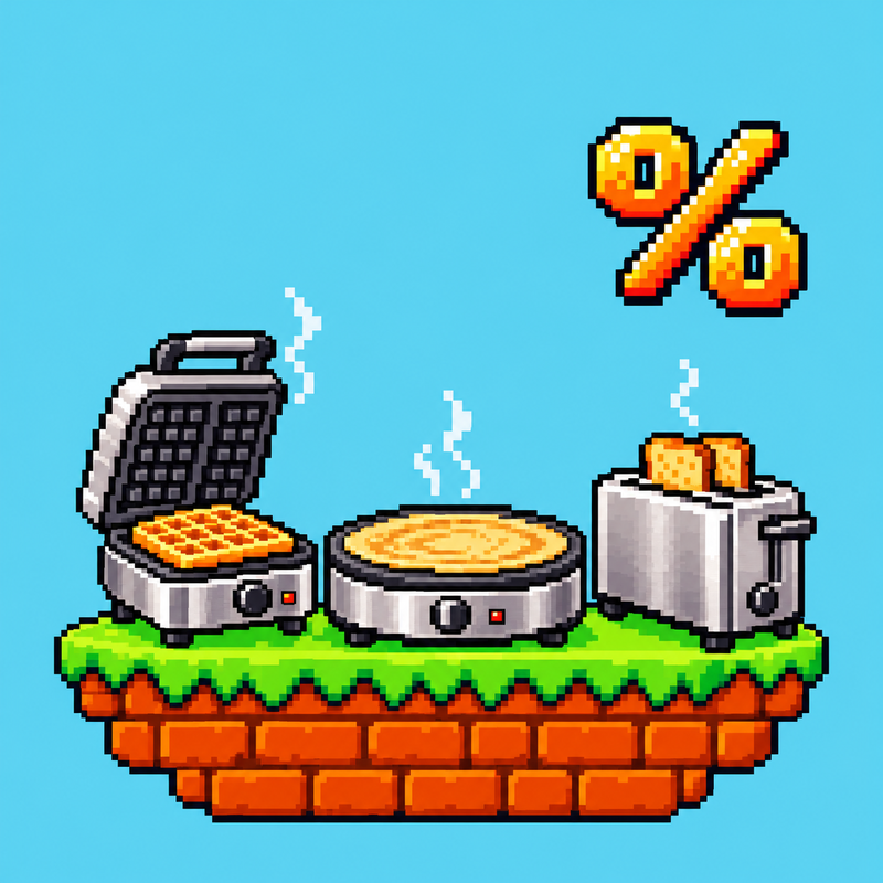 
Level 6: Waffeleisen, Crêpes-Eisen und Toaster auf einer Pixel-Plattform