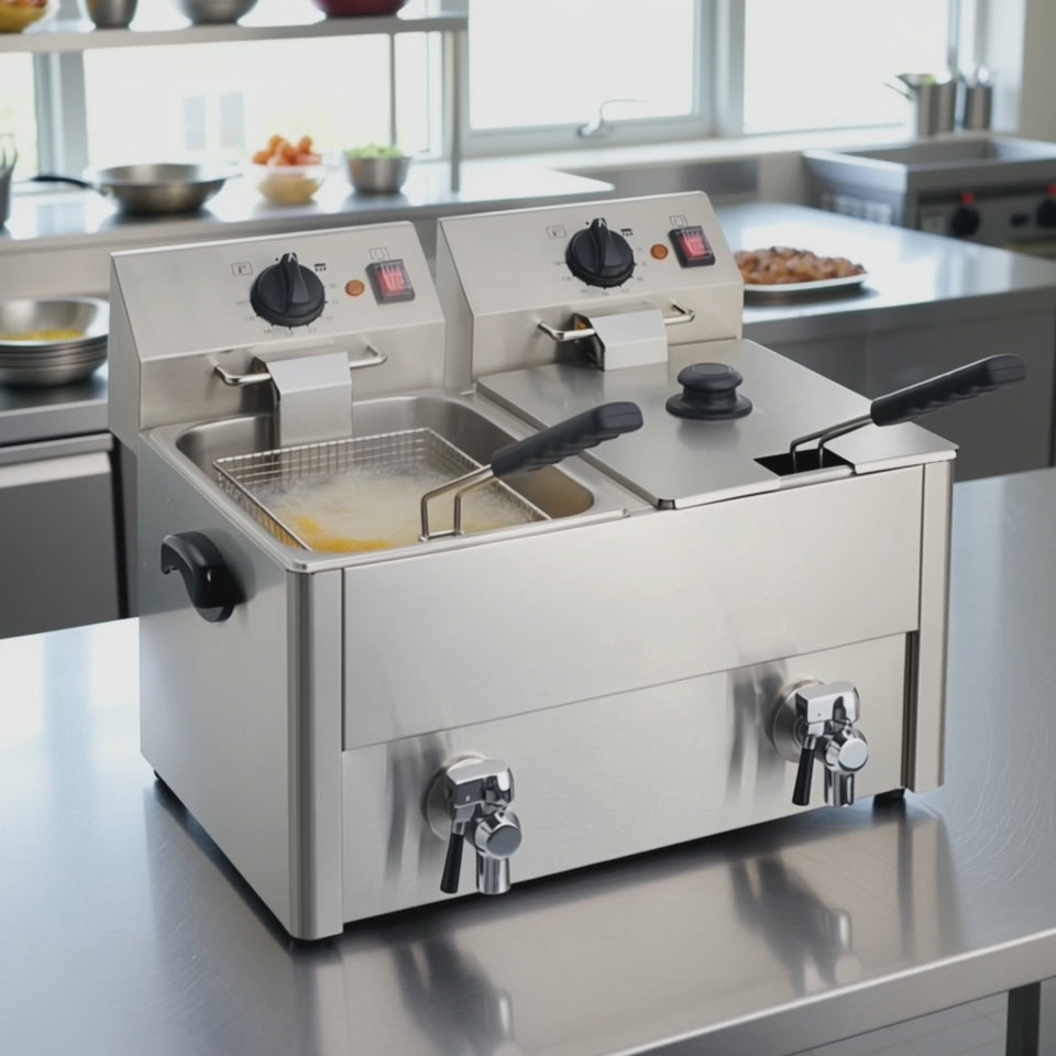Elektro-Doppel-Fritteuse ECO 10+10 Liter mit Ablasshahn