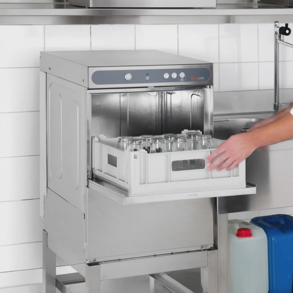 Gläserspülmaschine ECO 40x40 cm Korbmaß, mit Reiniger- & Klarspüldosierer, mit Ablaufpumpe & Enthärter, Made in Europe, 230 Volt