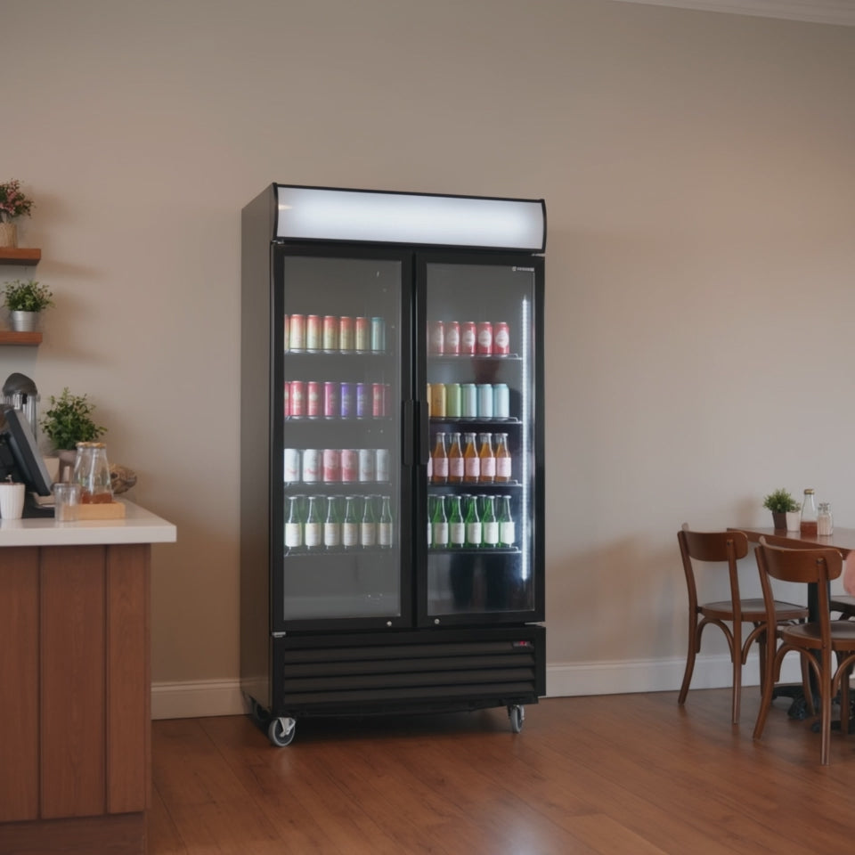 Getränkekühlschrank ECO 1000 mit Klapptüren und Leuchtaufsatz
