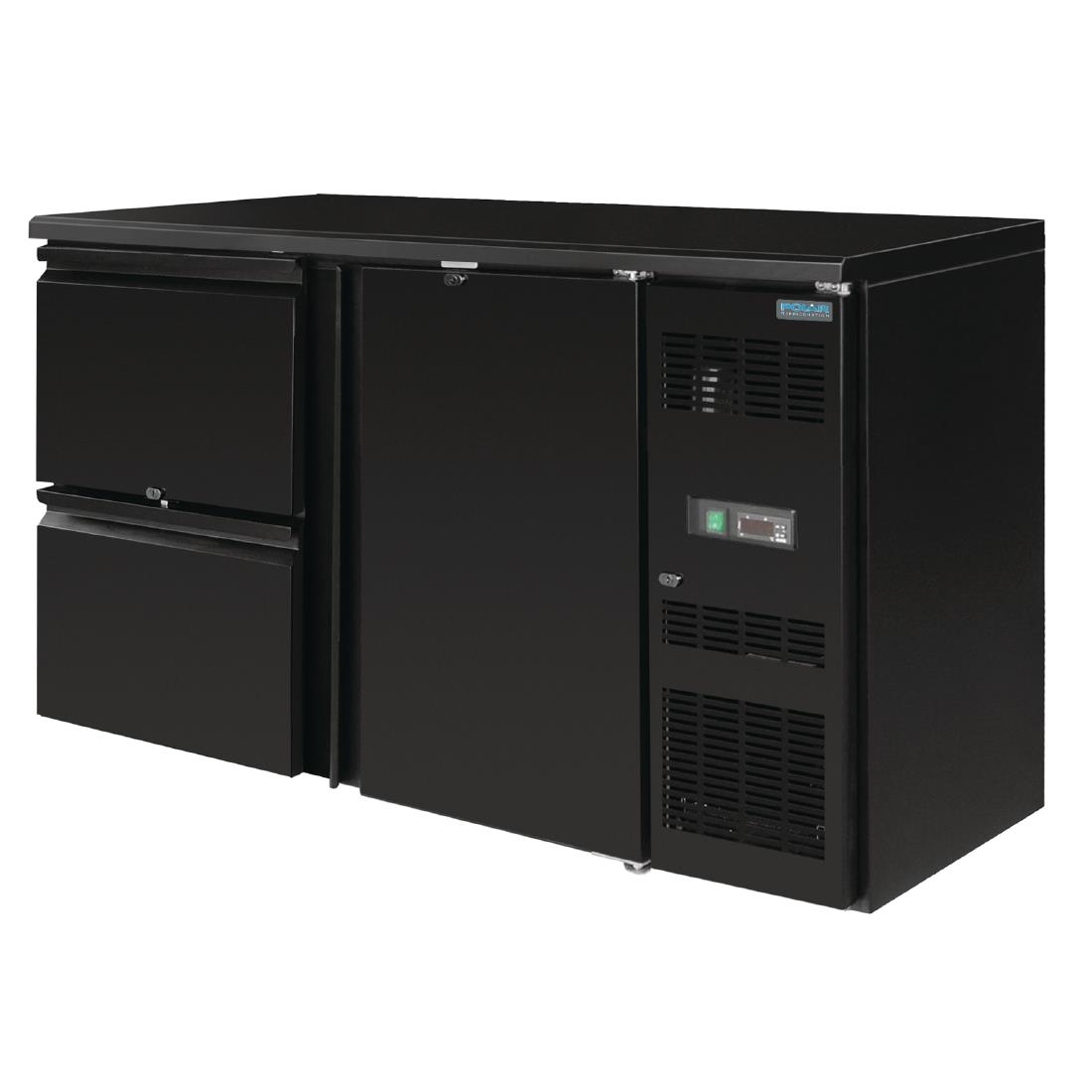 Gastro Barkühltisch Polar 1/2 - 1 Tür rechts und 2 Schubladen links, schwarz, Edelstahlinnenraum, 0,28 kW, 349 Liter | Flaschenkühltisch bei