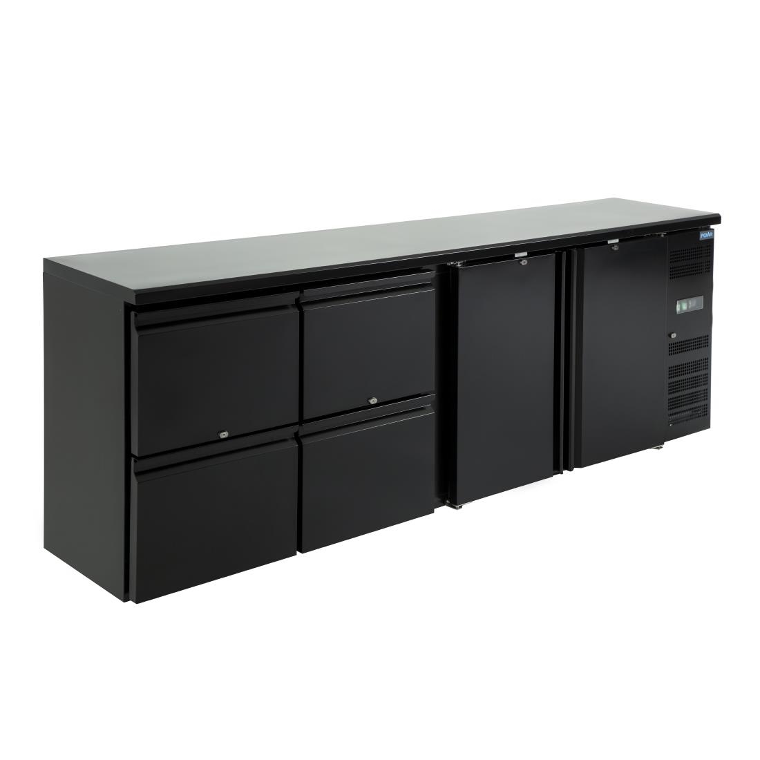 Gastro Barkühltisch Polar 2/4 - 2 Türen rechts und 4 Schubladen links, schwarz, Edelstahlinnenraum, 0,44 kW, 698 Liter | Flaschenkühltisch bei