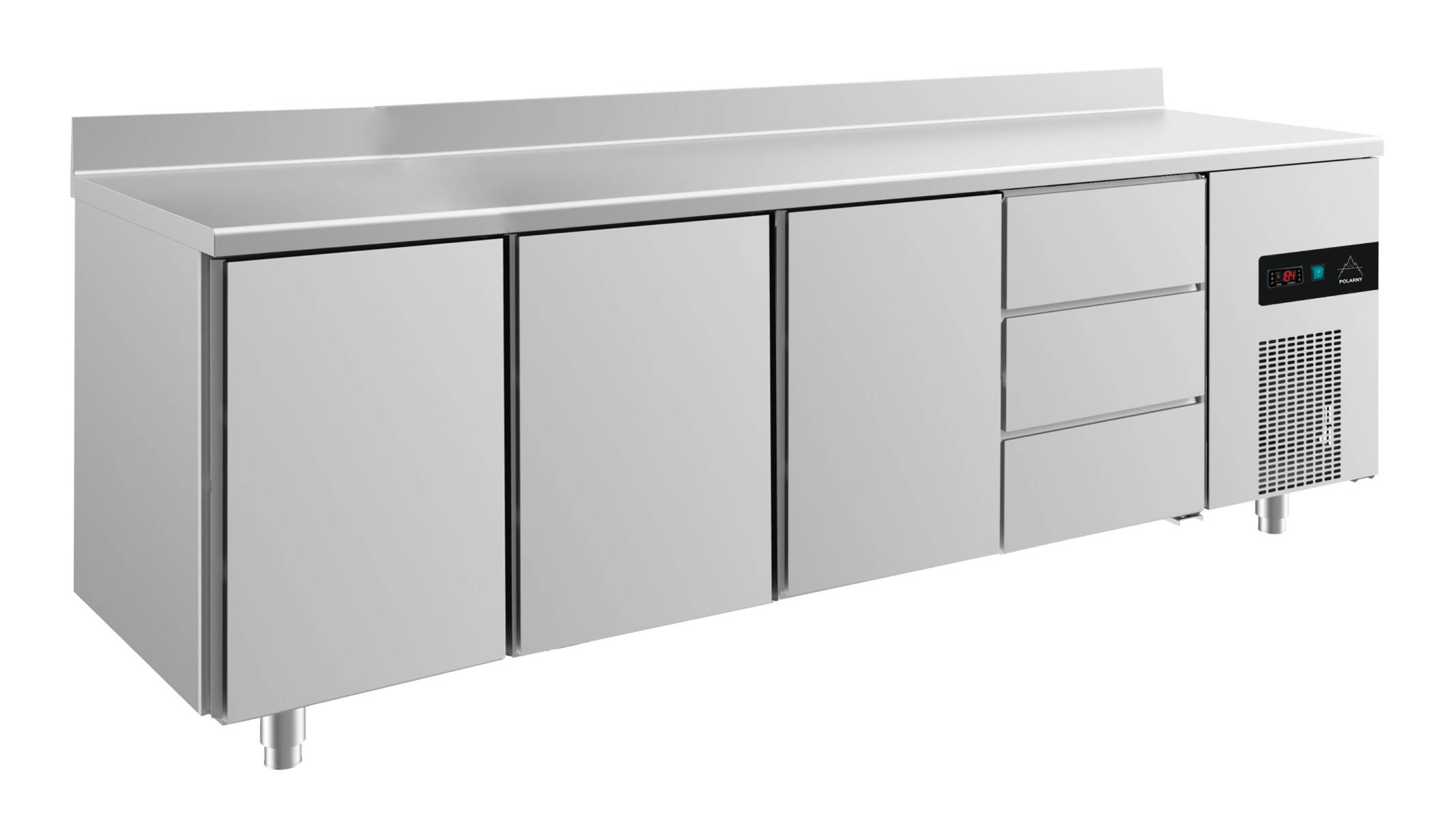 A&S Kühltisch -2 bis +8°C 2330x700x850mm mit 3x Türen und 1x drei Schubladen u. Aufkantung (4TTTDA)