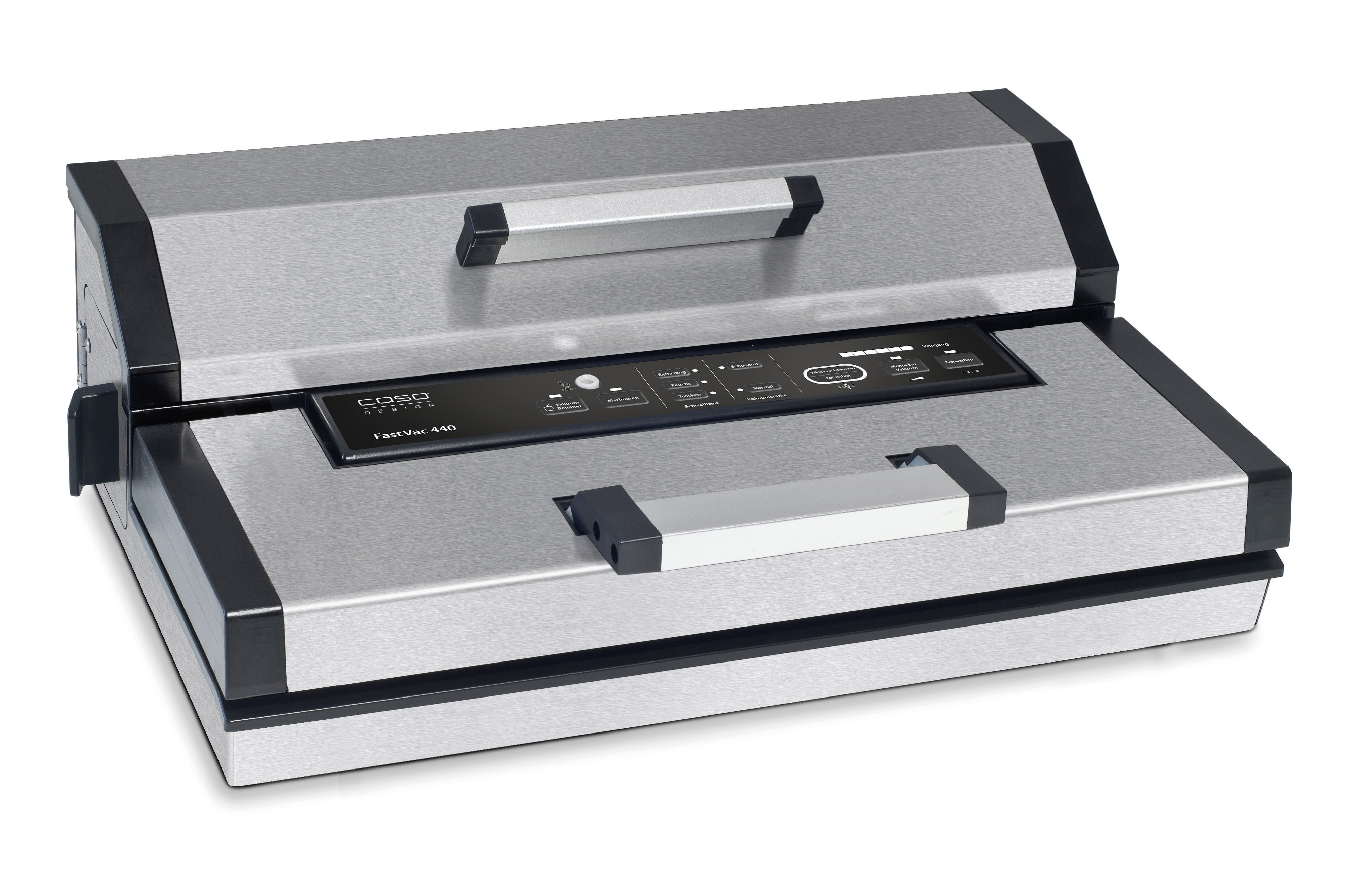 CASO FastVac 440 Vakuumierer aus Edelstahl, 0,2 kW, 8x länger frisch, doppelte Kolbenpumpe, Gastro Vakuumierer