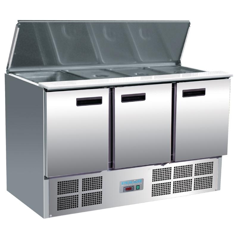 Saladette Polar 1370 mit Klappdeckel - Gastro Saladette für bis zu 8 x 1/2 GN Behälter, 365 Liter, Polypropylen-Arbeitsplatte, 0,25 kW
