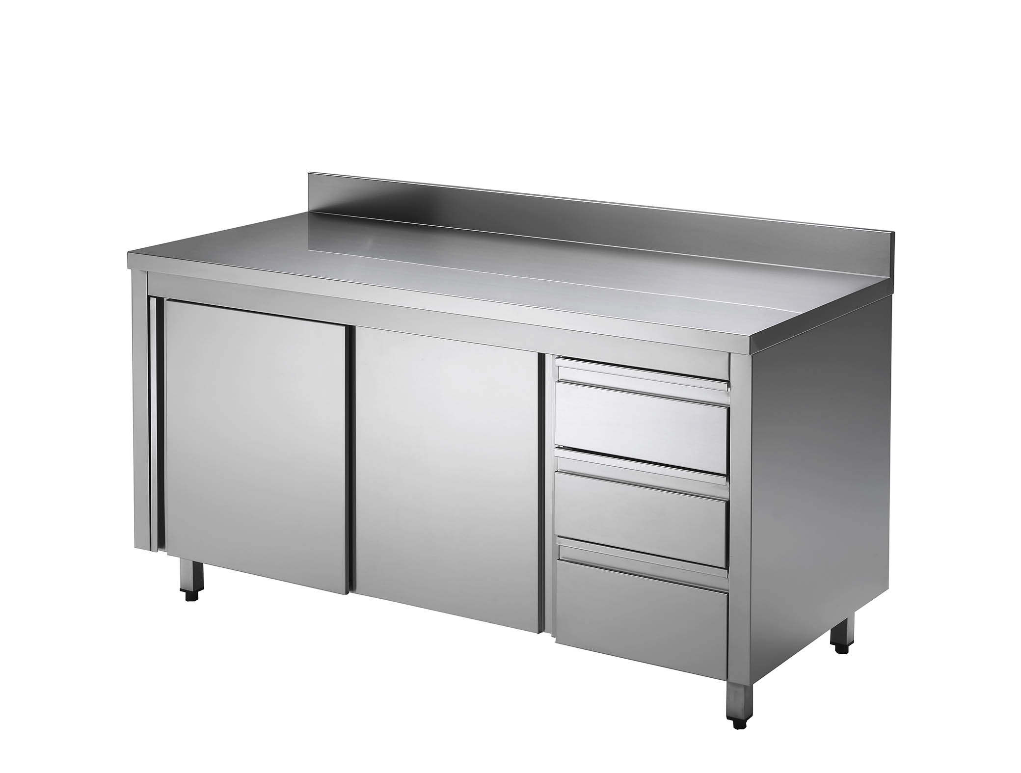 Edelstahl-Arbeitsschrank ECO mit Schiebetür und 3 Schubladen 15x6 mit Aufkantung