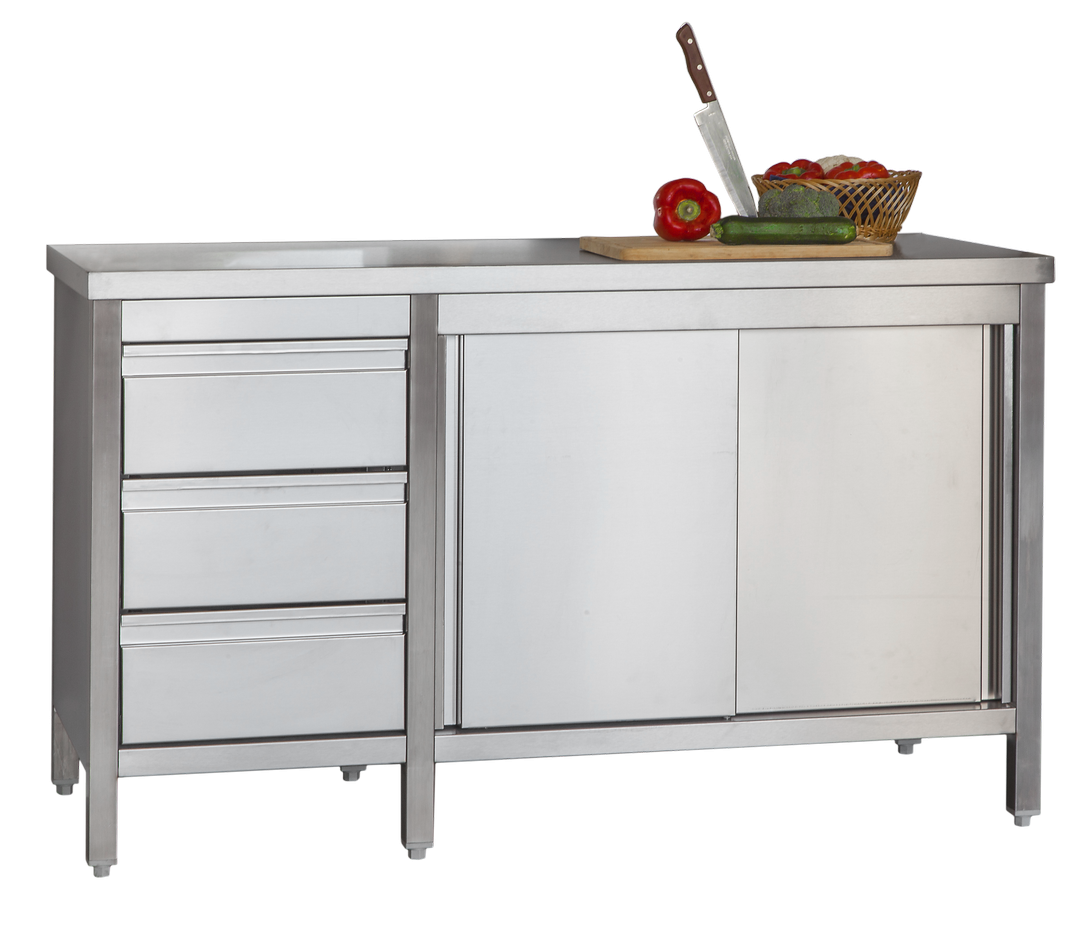 Edelstahl Arbeitsschrank Profi mit Flügeltüren und 3 Schubladen 1000 x 600 x 850 mm