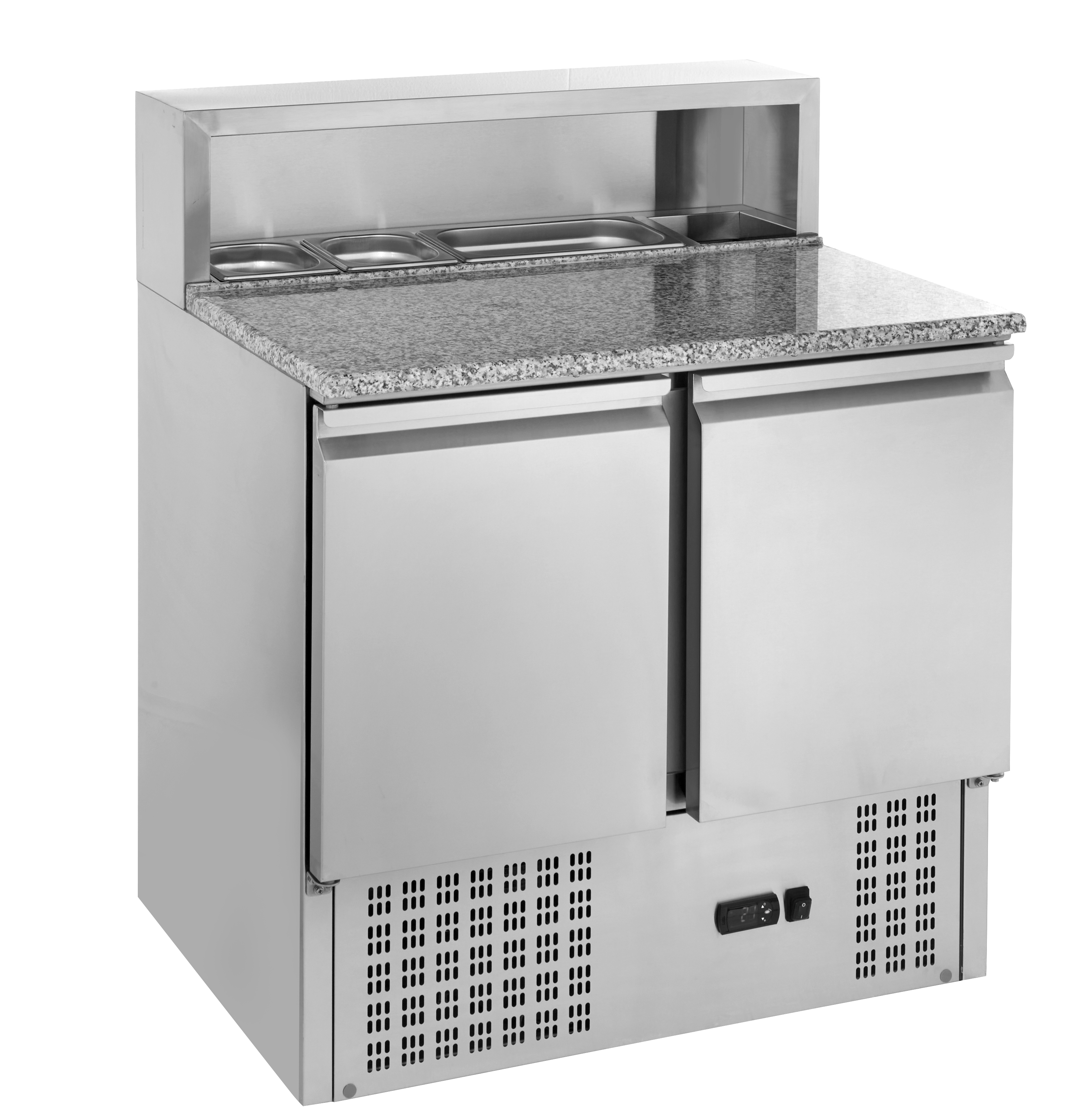 Gastro Pizzatisch ECO 900 - 176 Liter, 2 Türen, für 5 x 1/6 GN Behälter, Granit-Arbeitsplatte, +2 °C bis +8 °C | Pizzakühltisch, GastroHero
