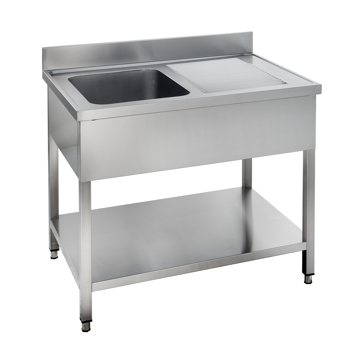 Gastro Spültisch Basic 12x7 mit 1 Becken links - Aufkantung, Grundboden, 1 Becken rechts, Edelstahl AISI 201, 1200 x 700 x 845-865 mm